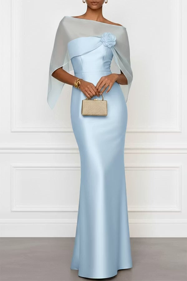 Lucero 3D Floral Satin Boat Neck Short Sleeve Sheath Capelet Gown Maxi Dress