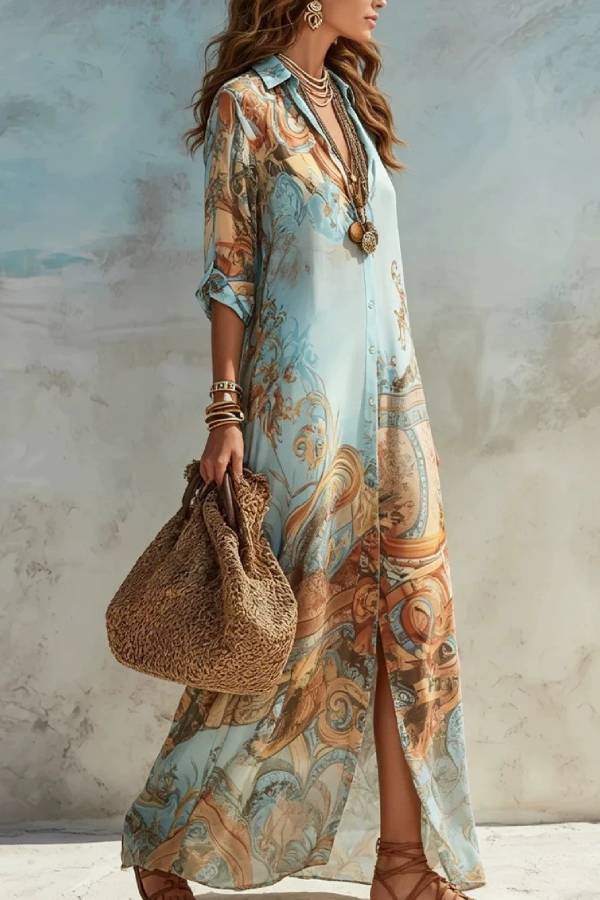 Blue & Brown Vintage Paisley Print Long Shirt Dress