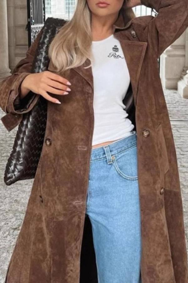 Vintage Caramel Brown Suede Long Trench Coat