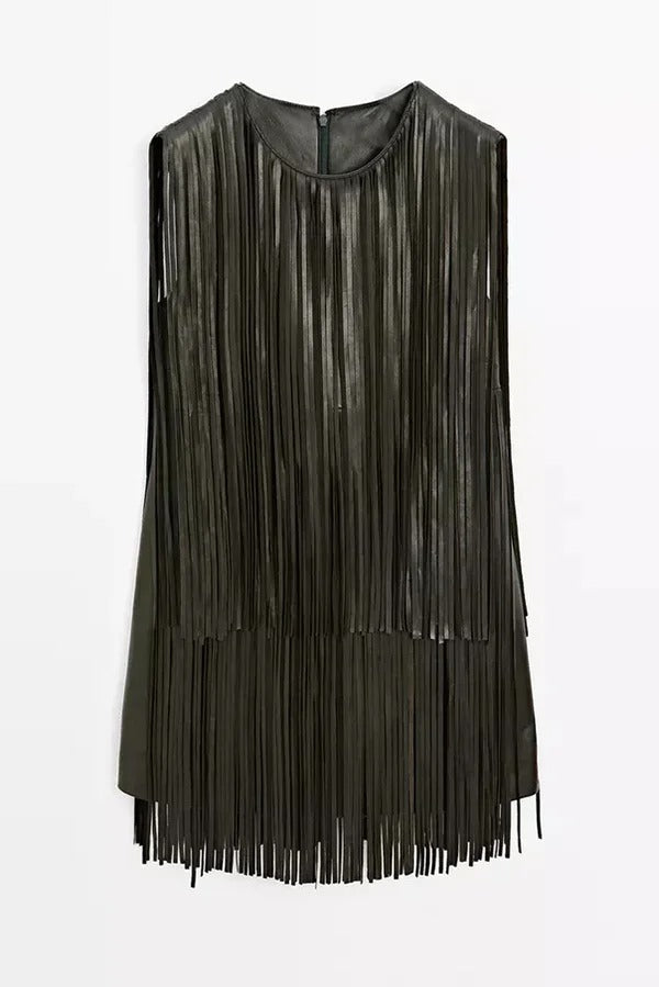Modern Times Faux Leather Layered Tassel Design Sleeveless H-line Mini Dress