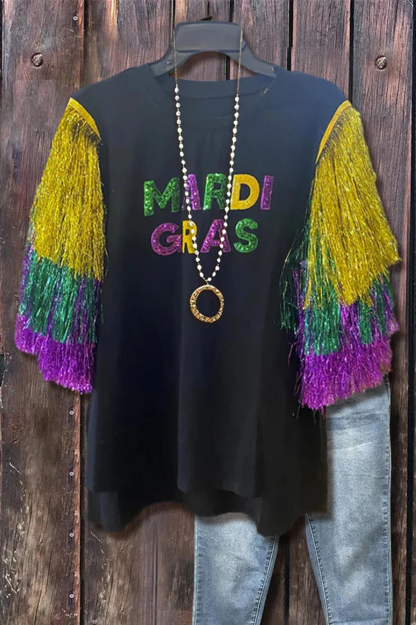 Sequin Fringe Sleeve Mardi Gras Top