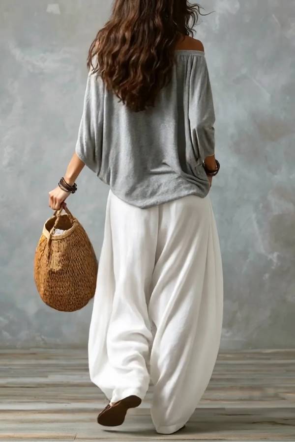 Grey Off-shoulder Top And White Loose-fitting Lantern Pants Suit