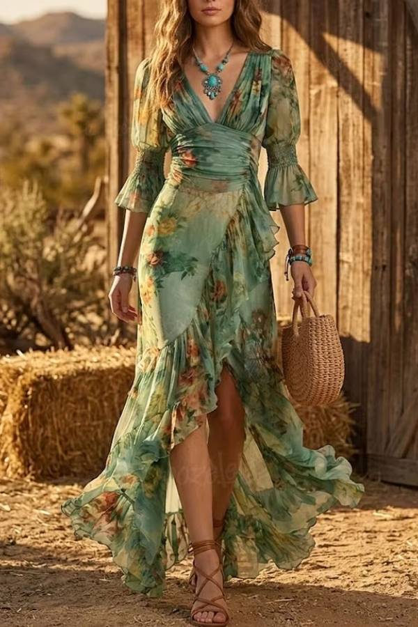 Women's Vintage Green Oil-Painting Floral Chiffon Maxi Dress