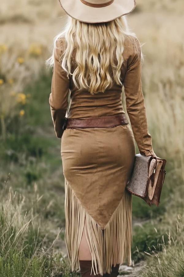 Western-style zippered tassel long-sleeved dress