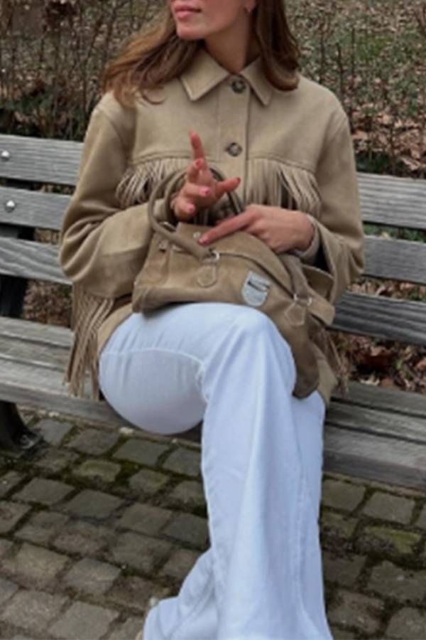 Retro-style coat with lapel and fringed suede