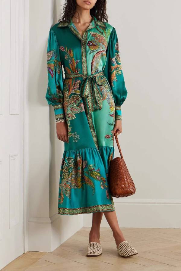 Paisley print tie-waist maxi shirt dress