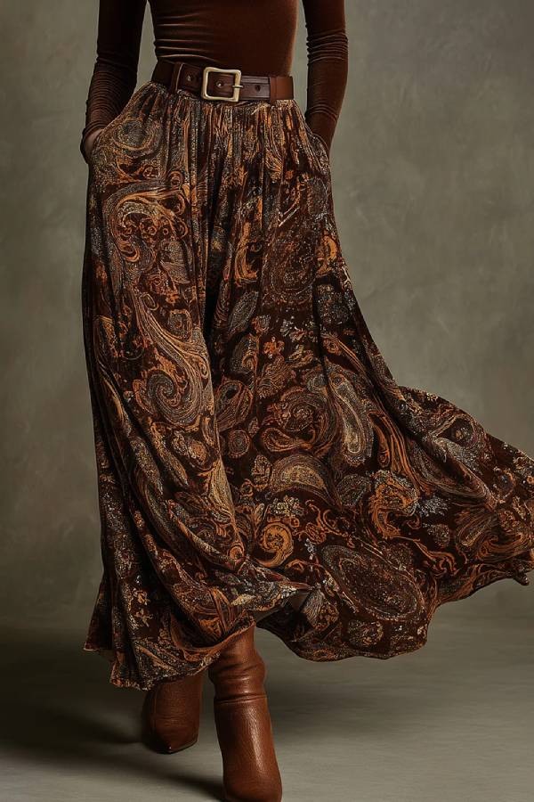 Vintage stretch fluwelen top en paisley print maxi rok set