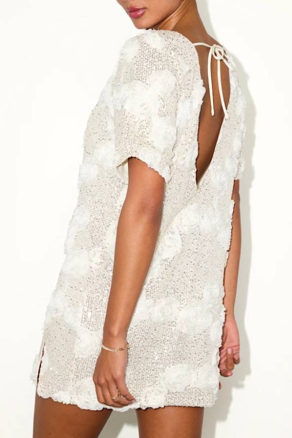 Feeling Exquisite Sequin-embellished Rose Texture Short Sleeve H-line Mini Dress