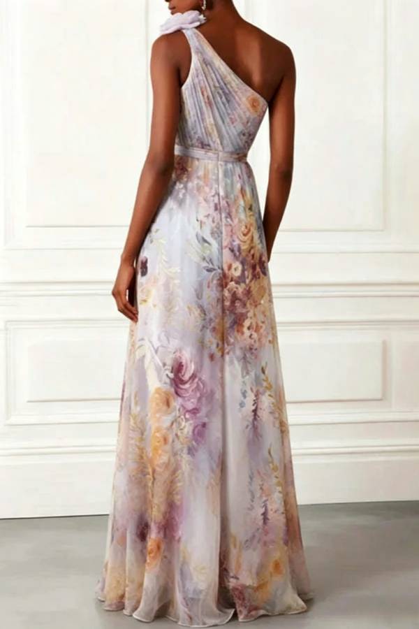 Verne Chiffon 3D Floral One Shoulder Pleated Sleeveless A-Line Gown Maxi Dress