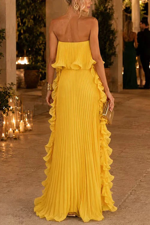 Strapless Tube Ruffle Pleated Swing Maxi Dress