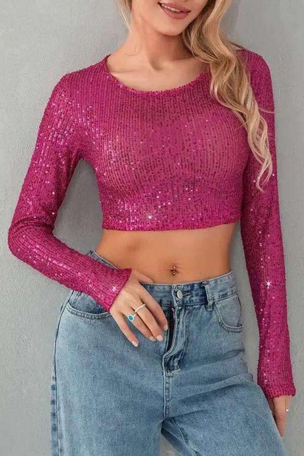 Sequined Crew Neck Long Sleeve Cropped Top