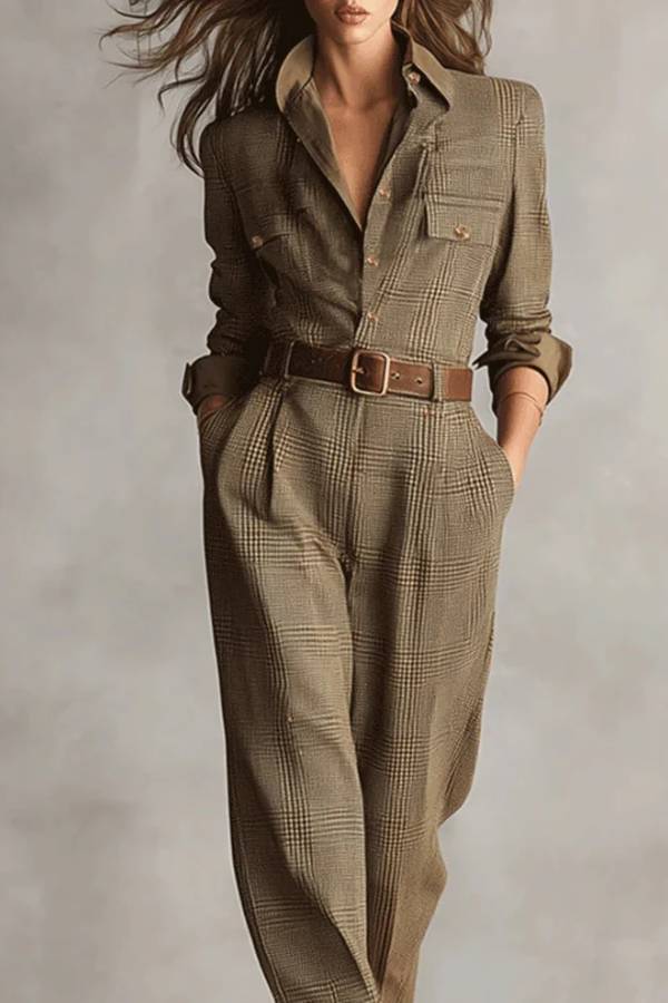 Brown Sophisticated Tweed Texture Plaid Utility Jumpsuit