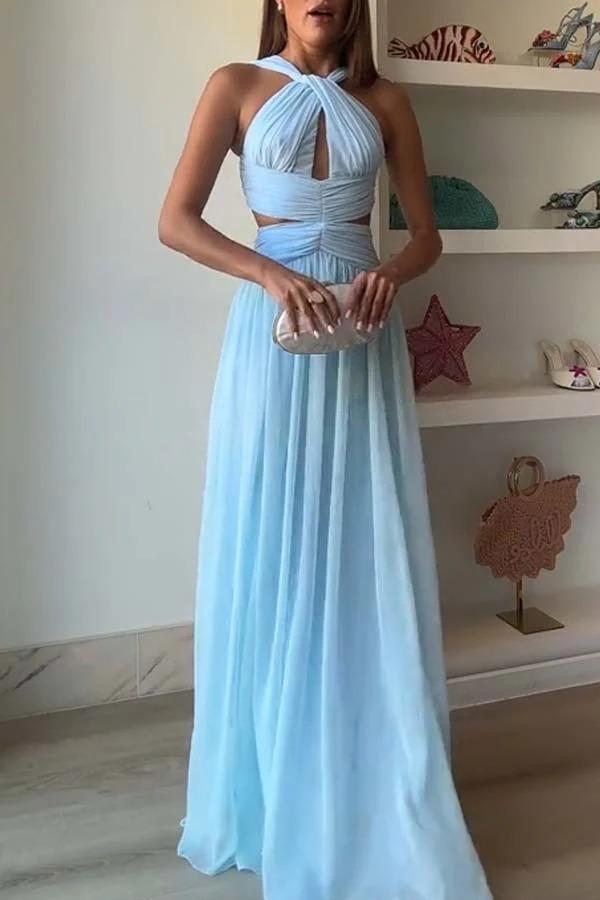 Graceful Modern Chiffon Twist Halter Neck Cutout Pleated Maxi Dress