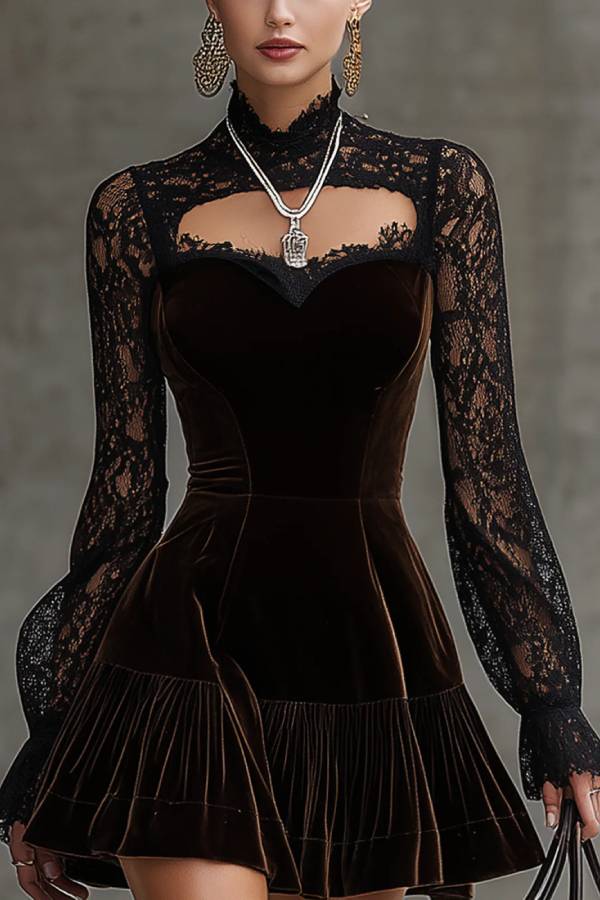 Velvet-trimmed lace-sleeved cutout fitted mini dress