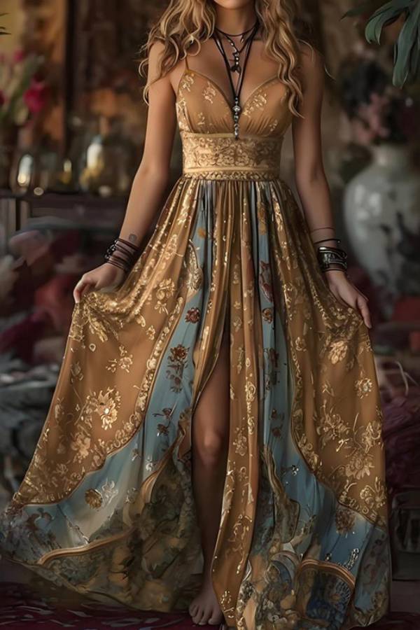 Boho Vintage Floral Print V-Neck Spaghetti Strap High Slit Maxi Vacation Dress