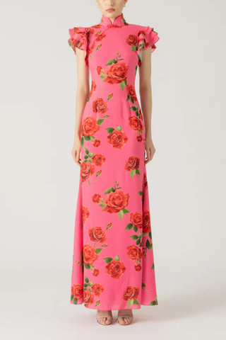 Cheongsam Style Rose Floral Print Tiered Flare Sleeve Stretch Maxi Dress