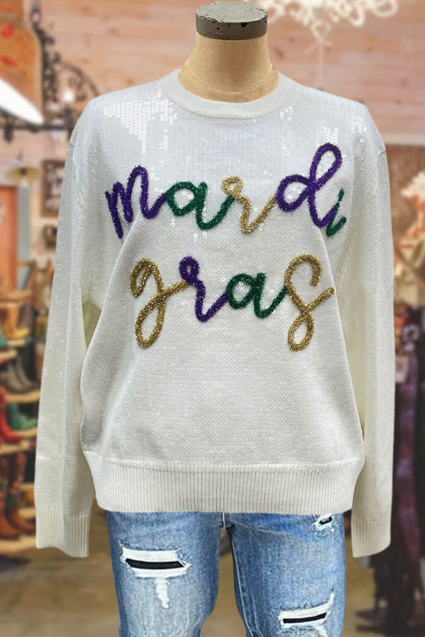 Sparkly Mardi Gras Full Sequin Script Sweater