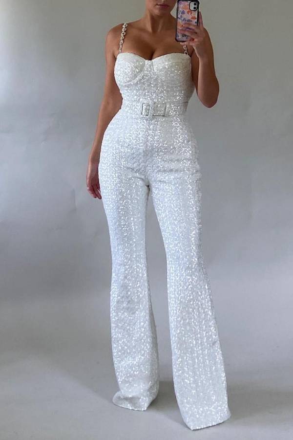 Sequined halter-neck flared jumpsuit