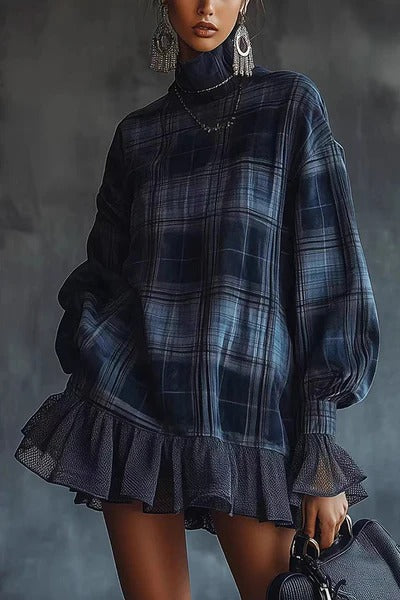 Plaid Print High-Neck Long-Sleeve Loose Ruffle Mini Dress
