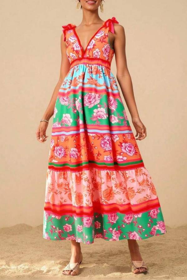Bohemian Deep V Tie Print Long Swing Dress