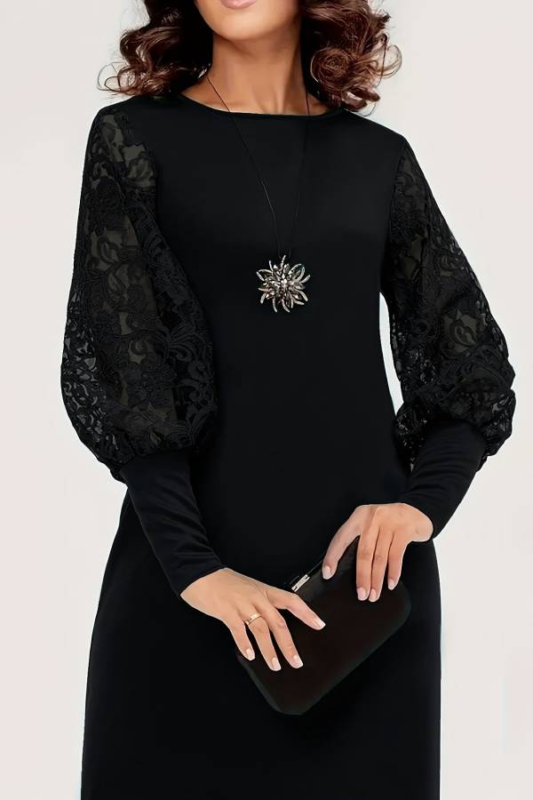 Round neck lace lantern sleeve midi dress
