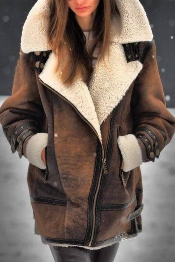 Retro-style shearling motorcycle jacket with large lapel