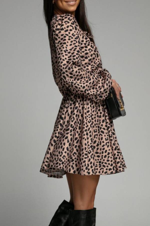 Tie-waist printed dress with lantern sleeves