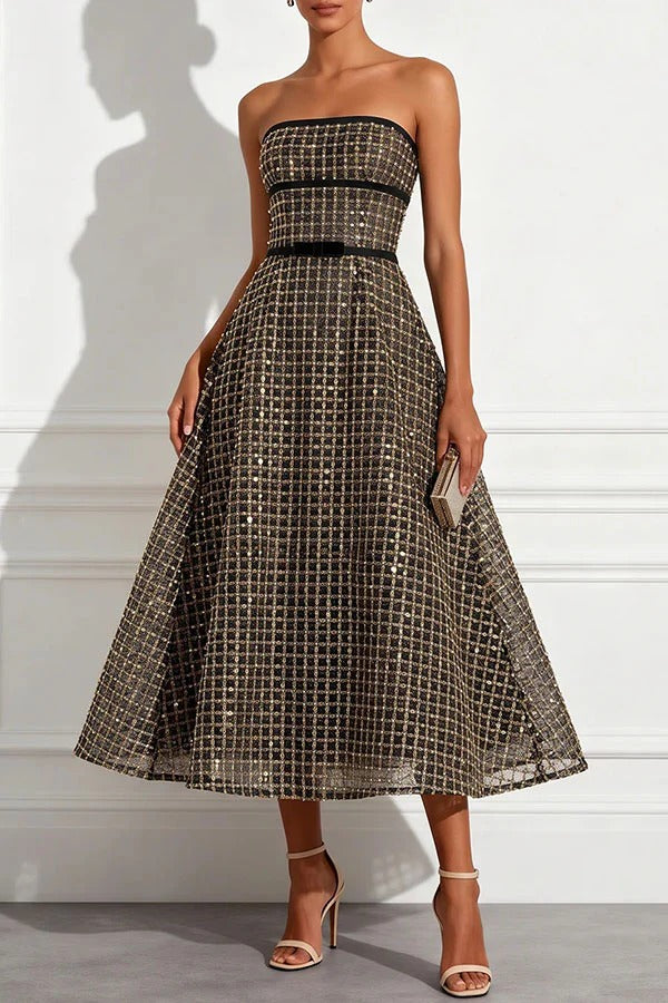 Stardust Plaid and Sequin Bow Patchwork Detail Strapless A-line Midi Dress