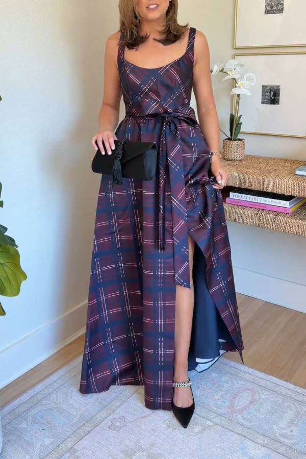 Plaid halter-neck belted slit long dress