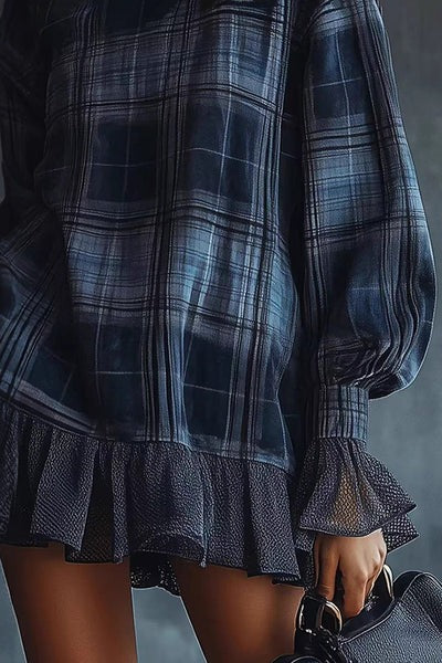 Plaid Print High-Neck Long-Sleeve Loose Ruffle Mini Dress