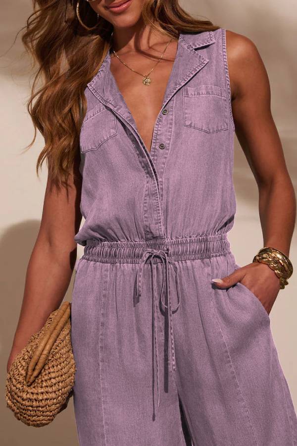 Sleeveless collared drawstring denim jumpsuit