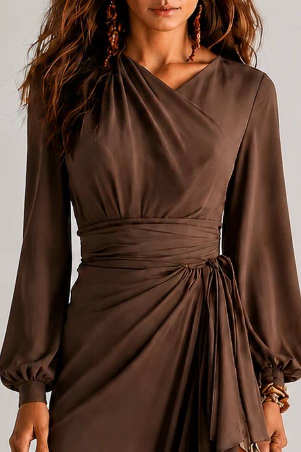 Wrap V Neck Lantern Sleeve Two-Layer Ruffle Slit Maxi Formal Dress