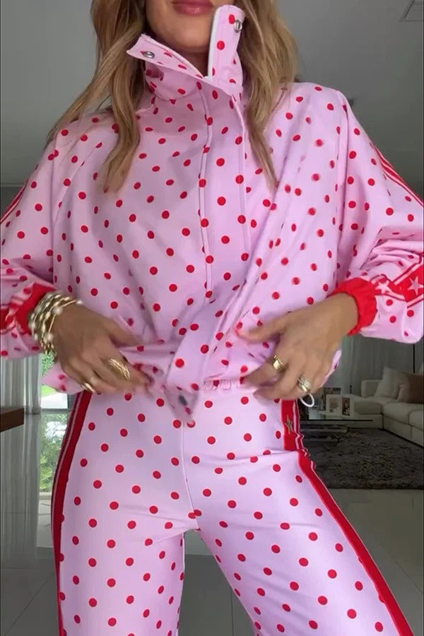 Lucienne Polka Dot Striped Star Print Zipper High Neck Pocket Sporty Jacket