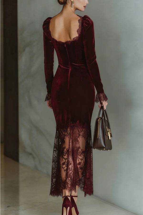 Fashionable Velvet and Lace Patchwork Square Neck Long-sleeved Maxi Dress