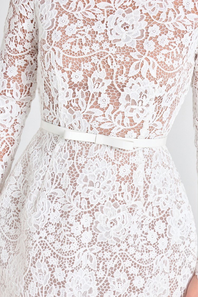 Champagne Toast Flower Lace Long Sleeve Bow Belted Mini Dress