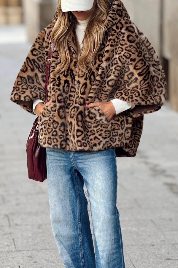 Leopard print hooded faux fur loose coat