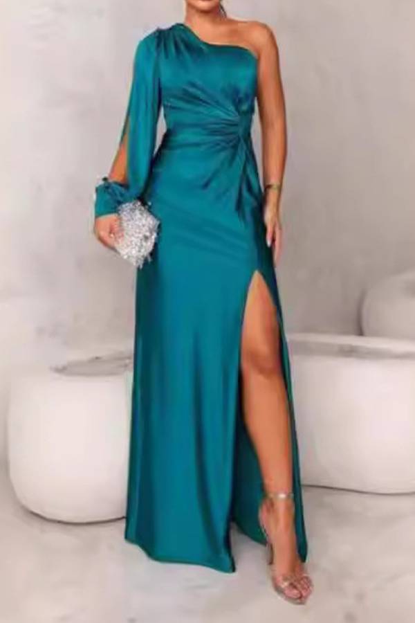 One-shoulder satin twisted high-slit maxi dress