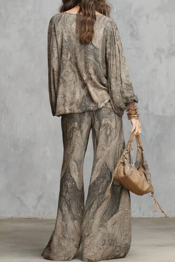 Grey Paisley Patterned Lantern Sleeve Top And Wide-leg Trousers Suit