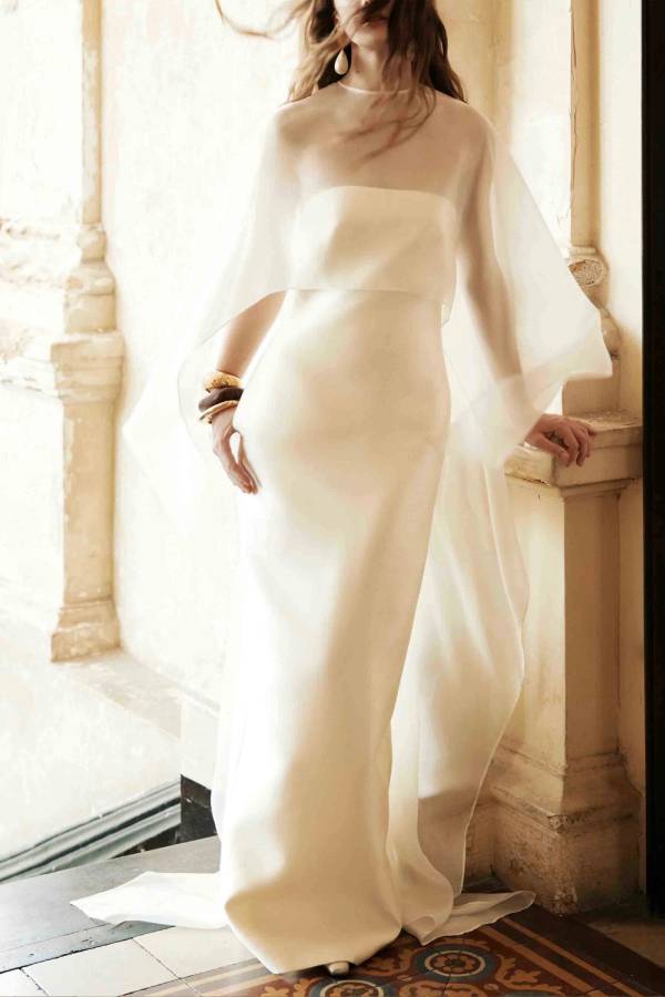 Elegant Sheer Cape Overlay Satin Maxi Dress