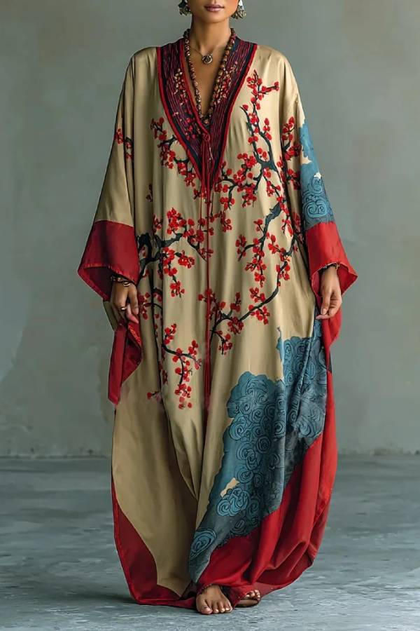 Japanese Red Plum Blossom Print Batwing Sleeve Maxi Dress