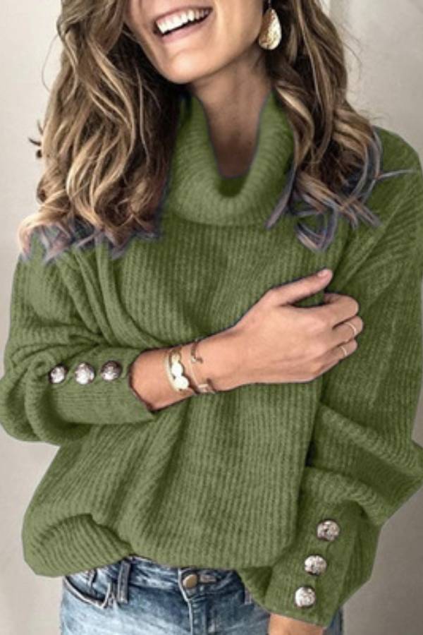 High-neck button-decorated loose knit sweater