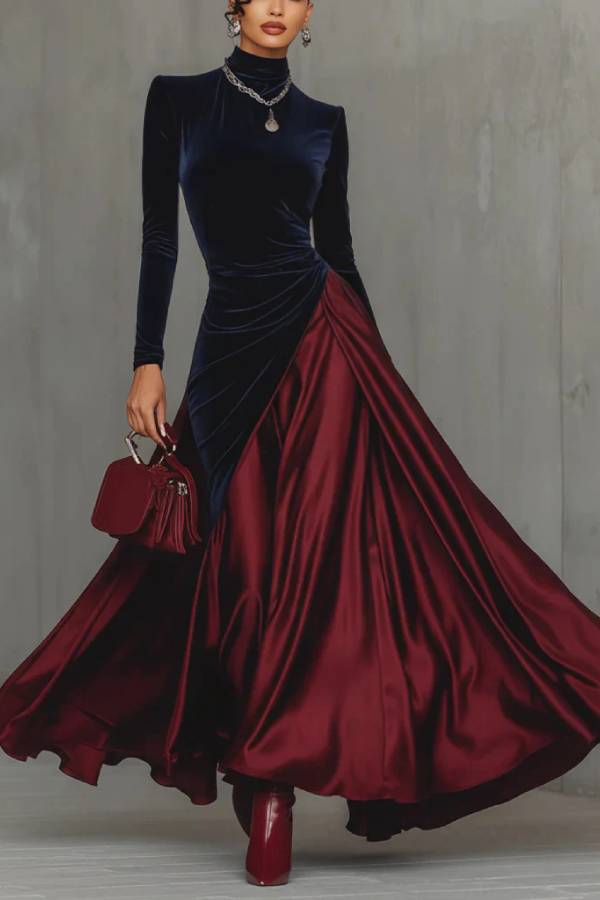 Blue Velvet And Burgundy Satin Color Block Long Dress