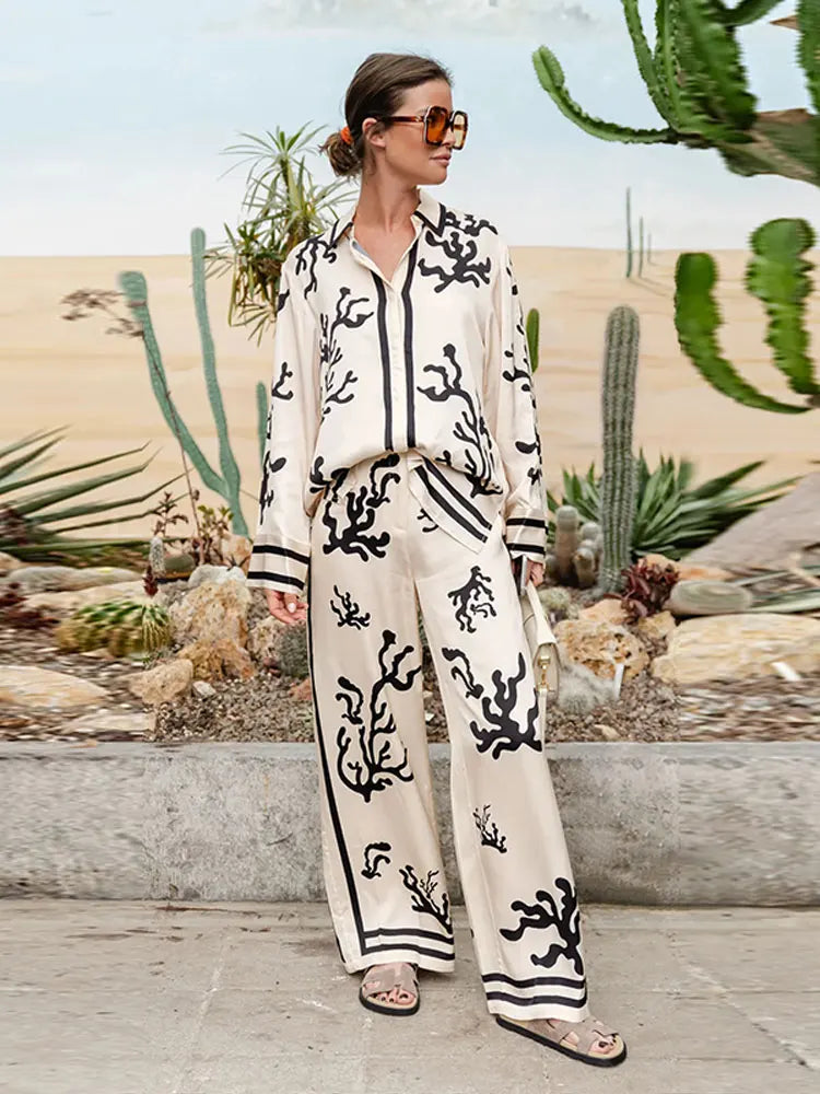 From Desk To Dinner Satin Unique Print Button Down Oversized Blouse