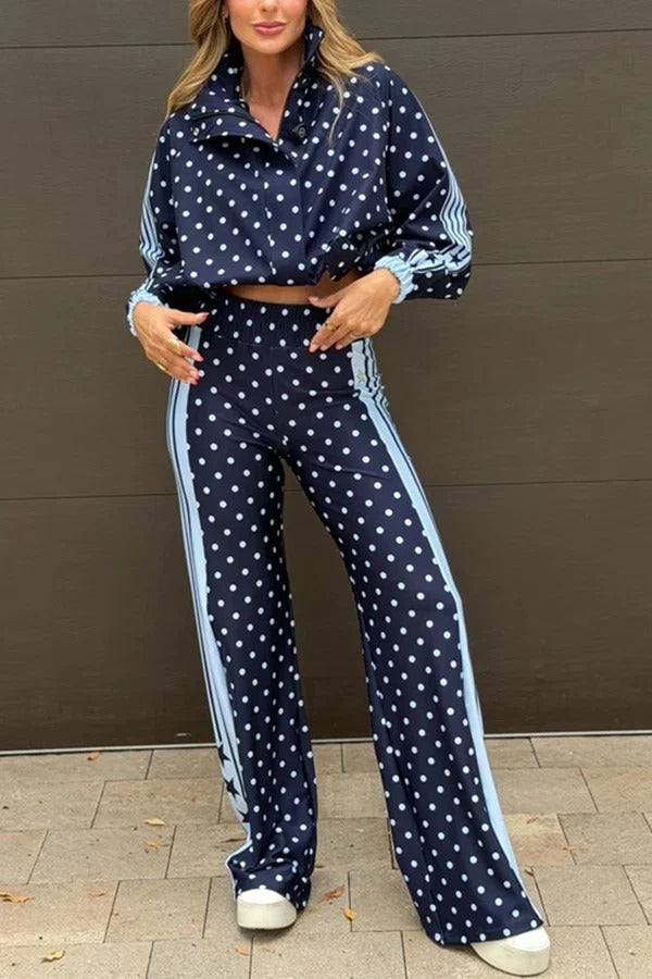 Lucienne Polka Dot Striped Star Print Zipper High Neck Pocket Sporty Jacket