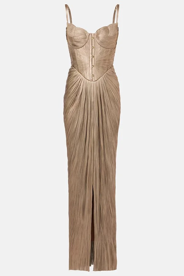 Vegas Queen Metallic Pleated Sculpted Bodice Back Lace-up Drape Maxi Dress