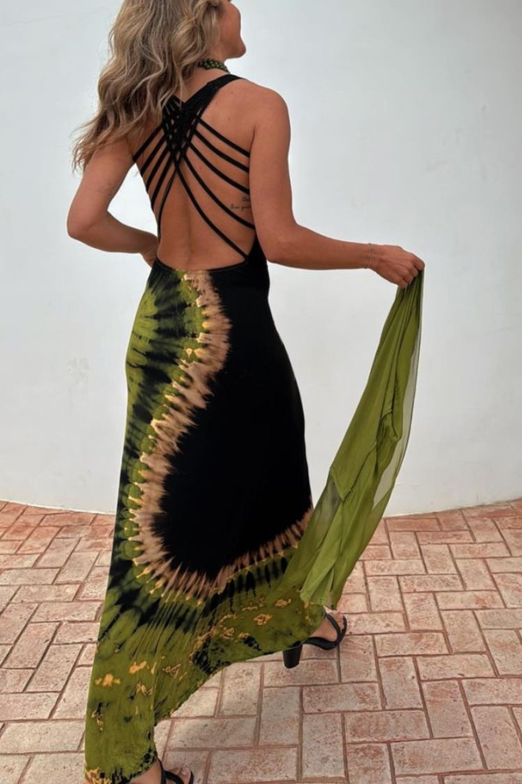 Summer Adventures Tie-dye Print Back Lace-up Stretch Maxi Dress（With built-in bra）
