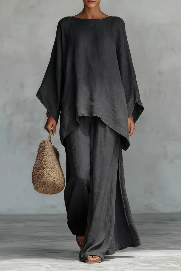 Crew Neck Irregular Hem Loose Top + Flowy Wide-Leg Pants Set