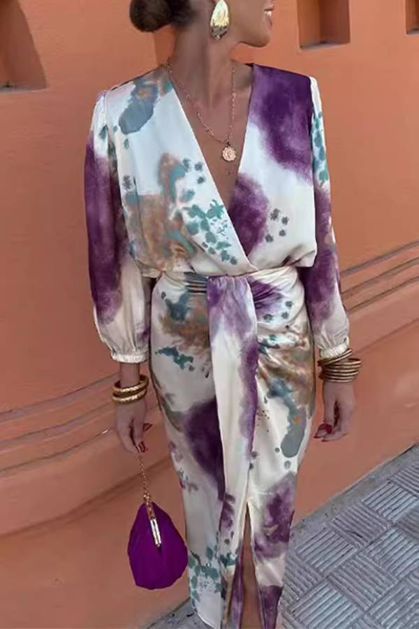 Artistic Tie-Dye Deep V Lantern Sleeve Skirt Two-Piece Set