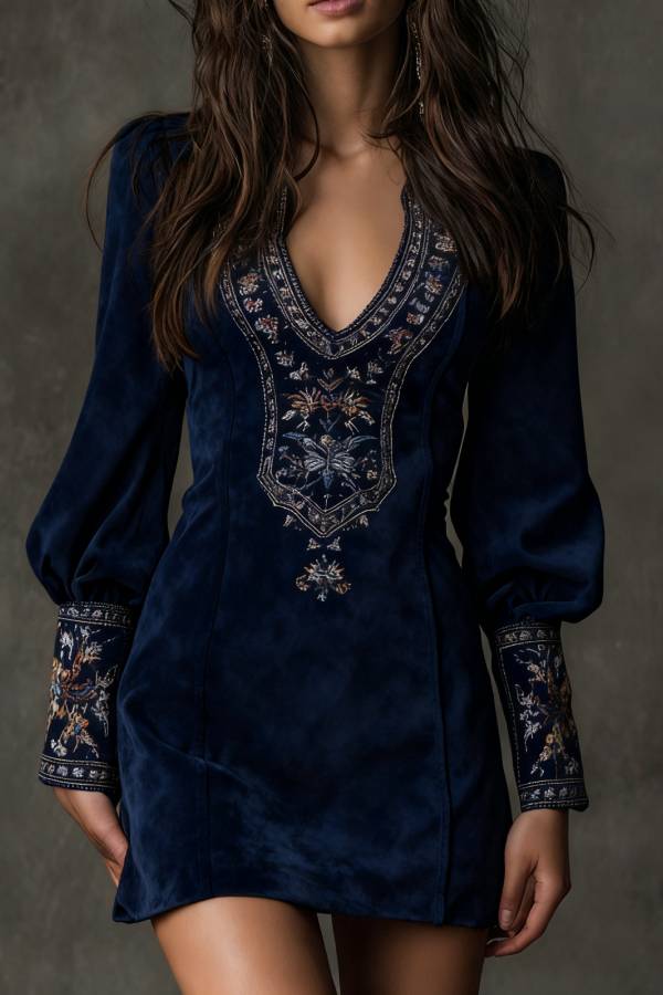 Vintage brown V-neck suede embroidered mini dress