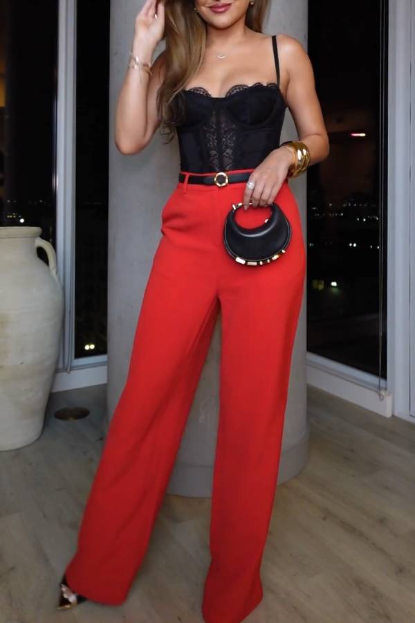 Red slimming wide-leg pants